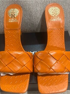 🧡 Vince Camuto Carribean Orange Braided Leather Heeled Slides- Size (11), NWT 🧡